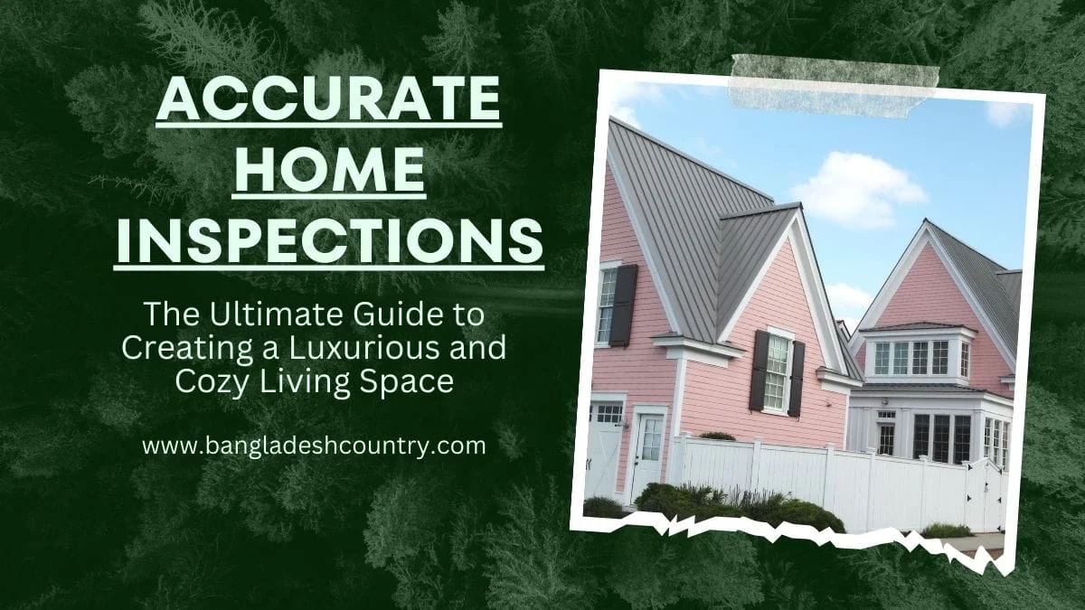 Promotional graphic for 'Accurate Home Inspections' featuring a charming light pink house with a modern grey metal roof, black shutters, and a white fence, set against a dark green forest background. The graphic also includes the text 'The Ultimate Guide to Creating a Luxurious and Cozy Living Space' and 'www.bangladeshcountry.com'.
