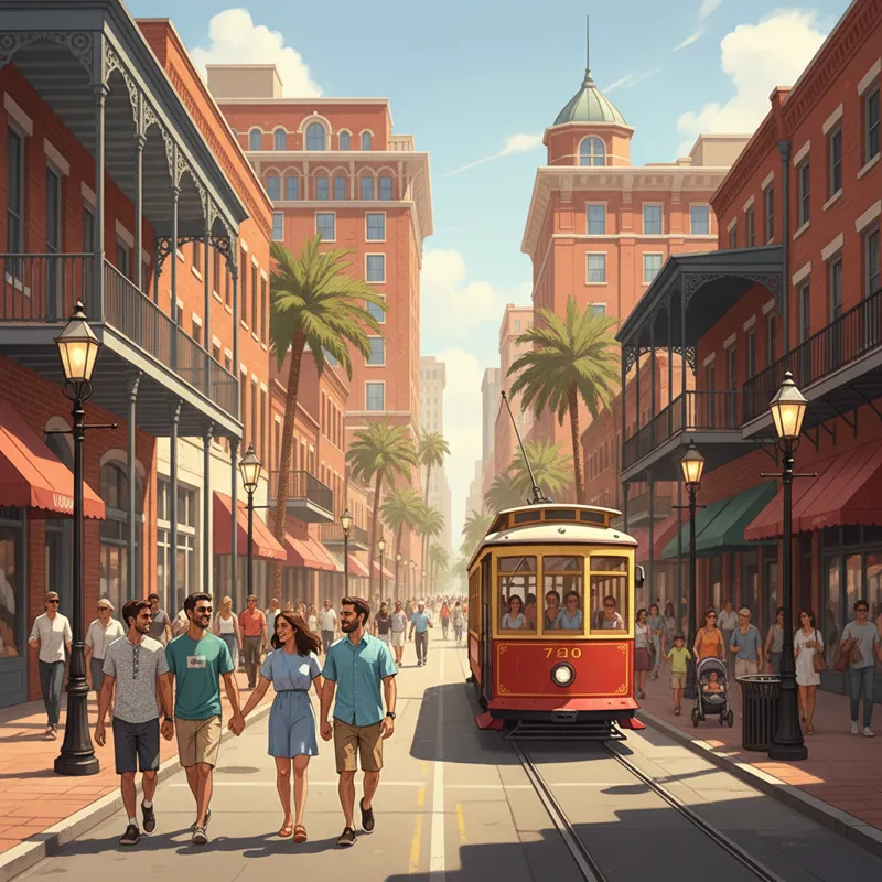 A vibrant street scene of Ybor City's 7th Avenue, with historic brick buildings, gas lamps, and the Hilton Garden Inn Tampa Ybor Historic District vis