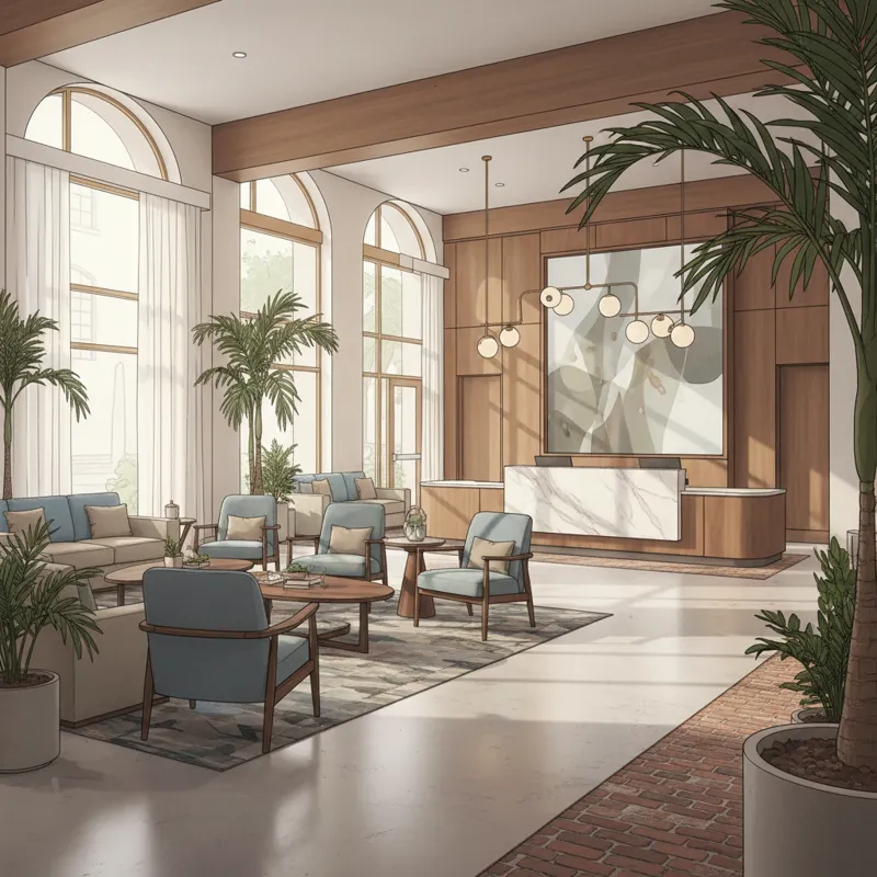 A bright, modern hotel lobby of the Hilton Garden Inn Tampa Ybor Historic District, featuring comfortable seating, a welcoming reception desk, and nat