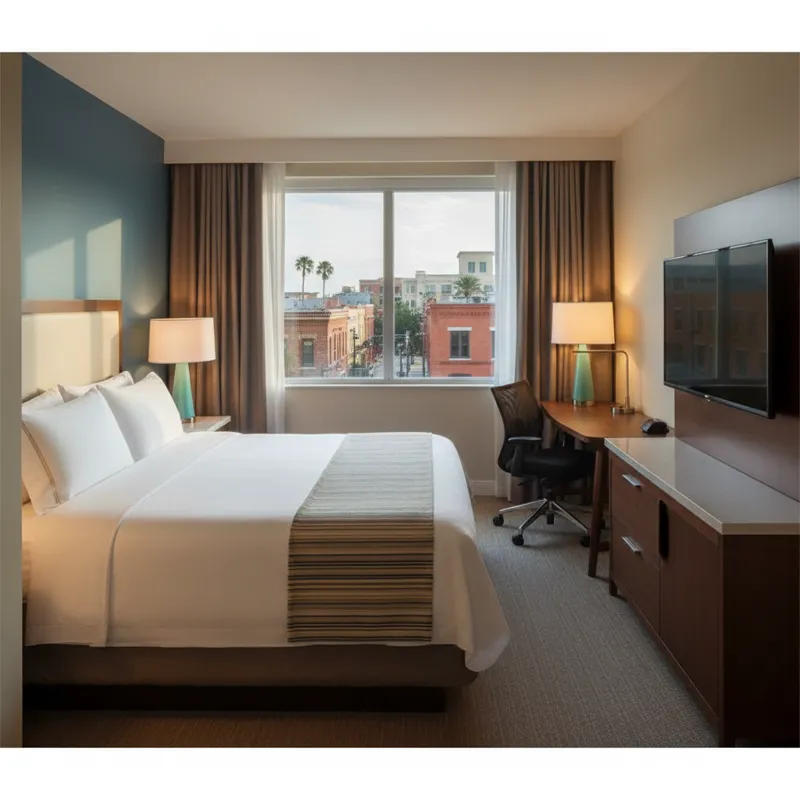 A comfortable, clean hotel room at the Hilton Garden Inn Tampa Ybor Historic District, featuring a king-sized bed, a work desk, a flat-screen TV, and