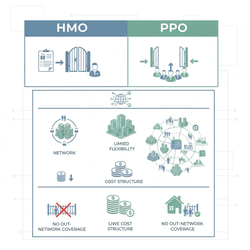A detailed comparison table visually illustrating the key differences between HMO and PPO plans across various criteria like referrals, network flexib