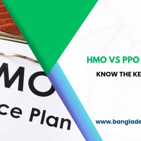 A document on a clipboard displaying 'HMO Insurance Plan' alongside text 'HMO VS PPO INSURANCE, KNOW THE KEY DIFFERENCES' and the website 'www.bangladeshcountry.com'.