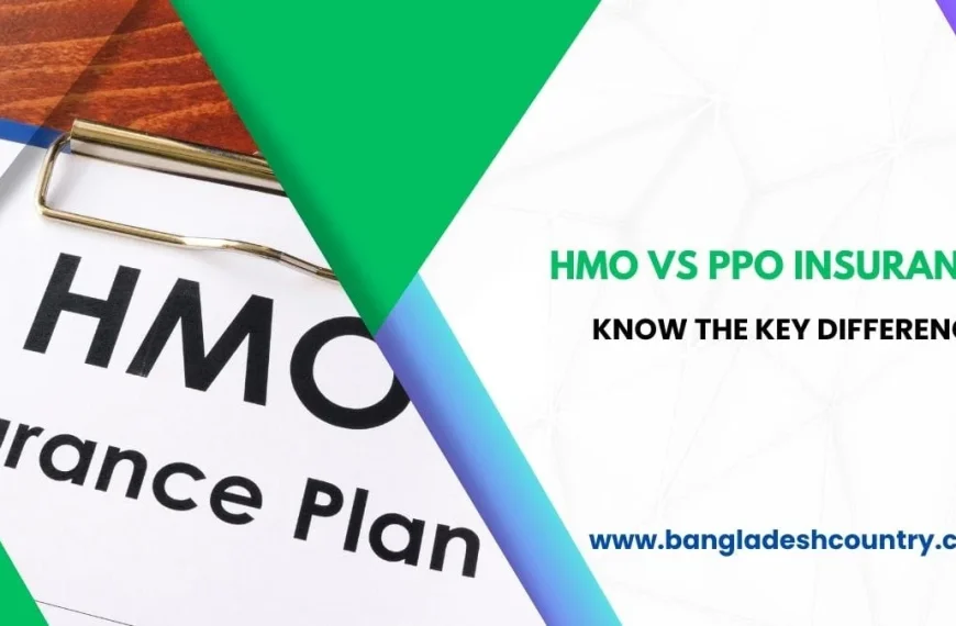 A document on a clipboard displaying 'HMO Insurance Plan' alongside text 'HMO VS PPO INSURANCE, KNOW THE KEY DIFFERENCES' and the website 'www.bangladeshcountry.com'.