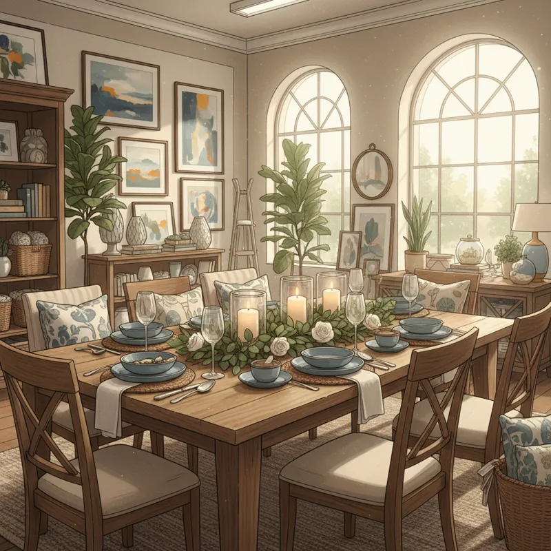 A wide, bright photo of a well-staged dining room table in a HomeGoods store, surrounded by other home decor items, with natural light.