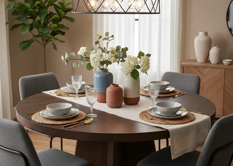 A modern wooden dining room table from a home goods collection, artfully arranged with elegant place settings and a decorative centerpiece, ready for family meals and entertaining.