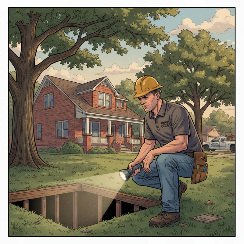 A professional home inspector in Dallas, dressed in practical work clothes, examining the foundation of a residential house, using a flashlight to loo