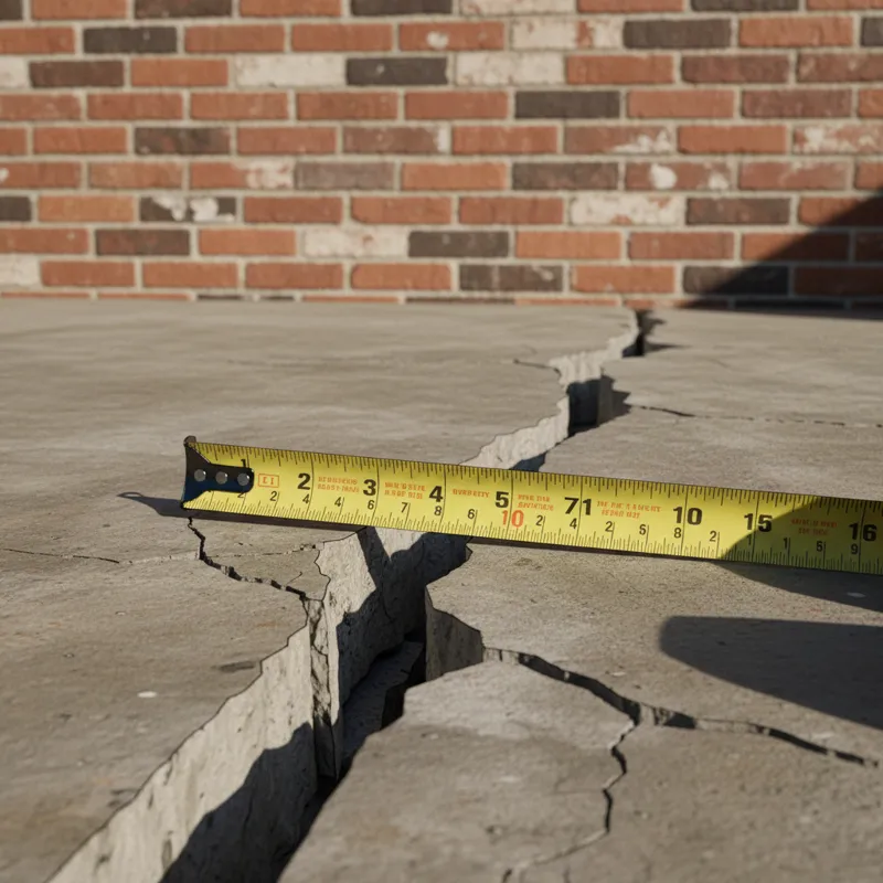 A close-up shot of a cracked concrete slab foundation, with a measuring tape indicating the width of the crack. The background shows part of a brick w