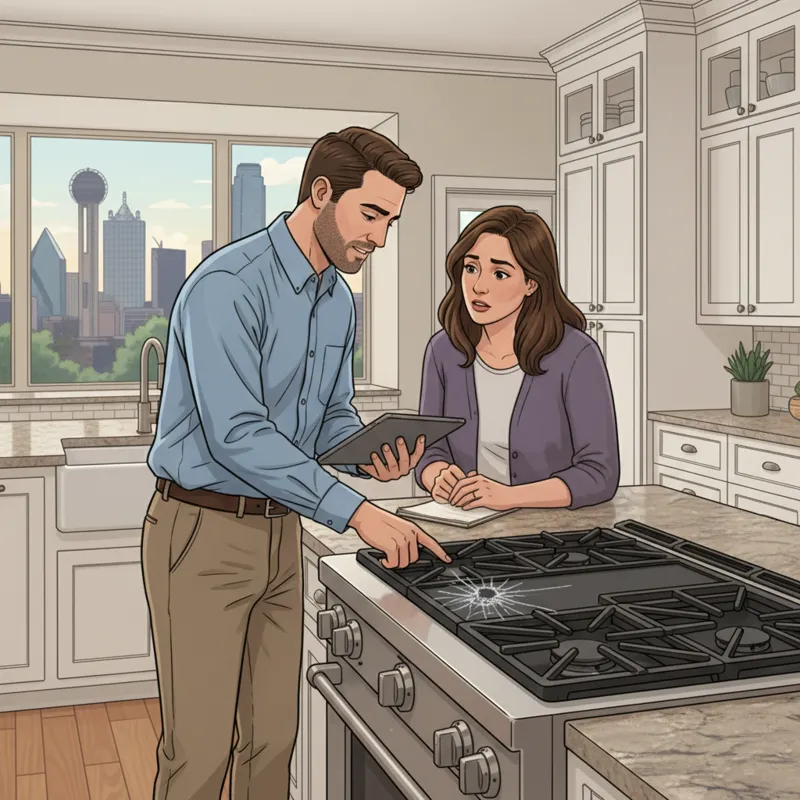 A homeowner and a professional Dallas home inspector discussing findings inside a kitchen. The inspector is pointing to an issue on a stovetop, while