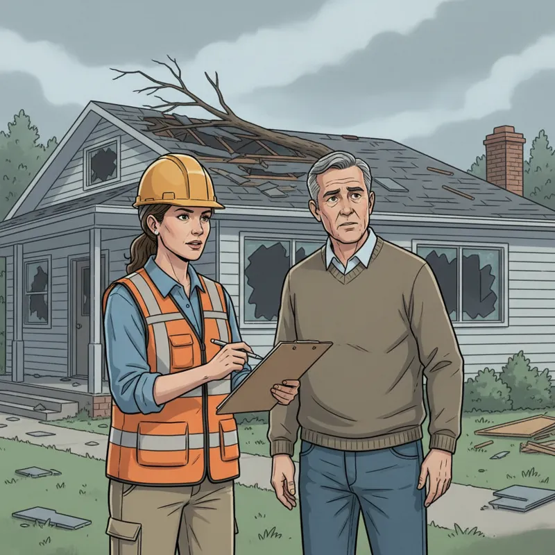 A professional-looking insurance adjuster in a hard hat and safety vest, holding a clipboard and looking at a damaged home exterior with a homeowner s