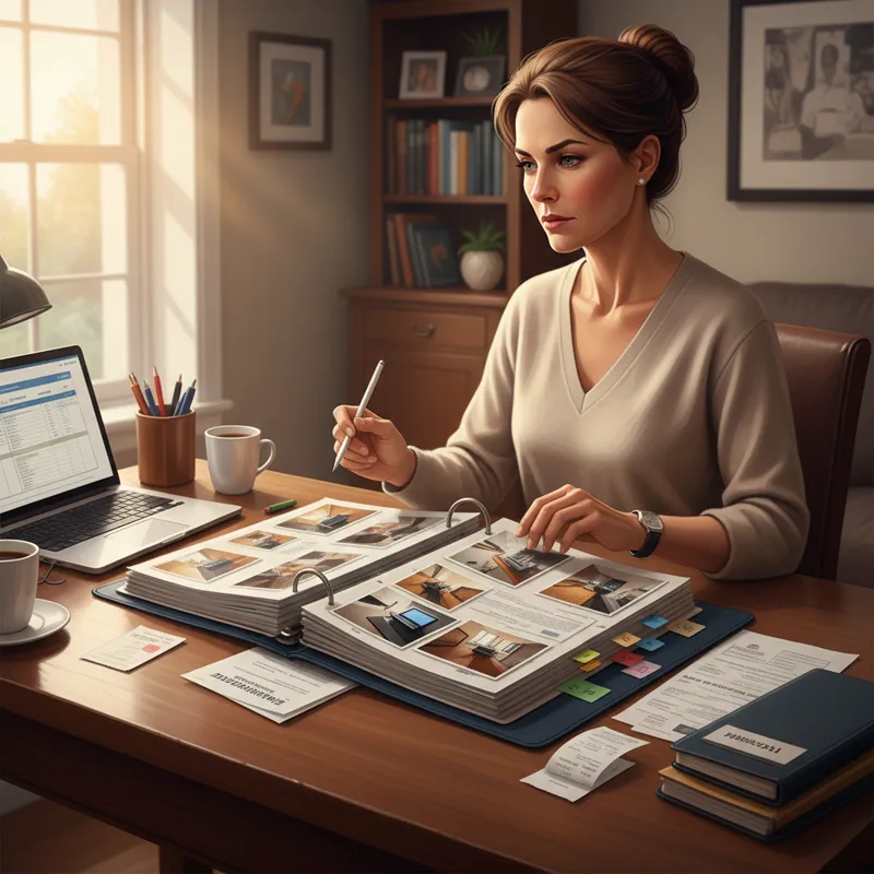 A homeowner organizing a binder filled with home inventory photos, policy documents, and receipts, looking prepared and diligent.