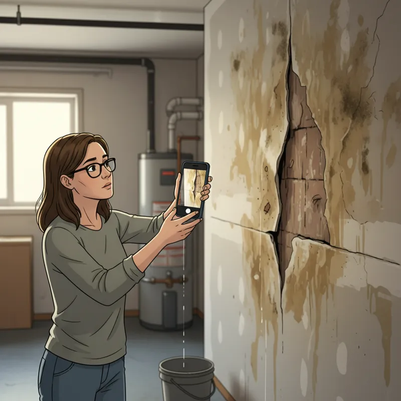 A homeowner using their smartphone to take detailed photos of water damage on a wall, documenting the scene carefully.