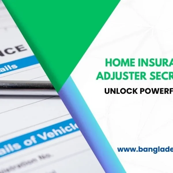 An insurance policy document displaying 'INSURANCE' and 'Insured Details' with a silver pen resting on it. The image includes a green diagonal design element and text overlay in green and black reading: 'HOME INSURANCE CLAIM ADJUSTER SECRET TACTICS UNLOCK POWERFUL STRATEGIES' with a website 'www.bangladeshcountry.com' at the bottom right.