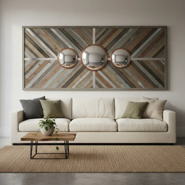 Large horizontal abstract wall decor above a light grey sofa in a modern living room, featuring multiple panels of blue and white art.