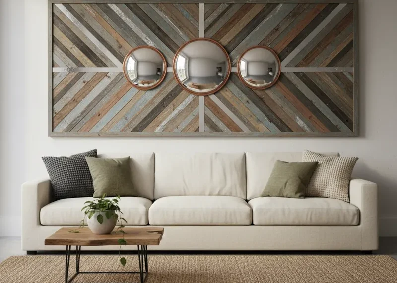Large horizontal abstract wall decor above a light grey sofa in a modern living room, featuring multiple panels of blue and white art.