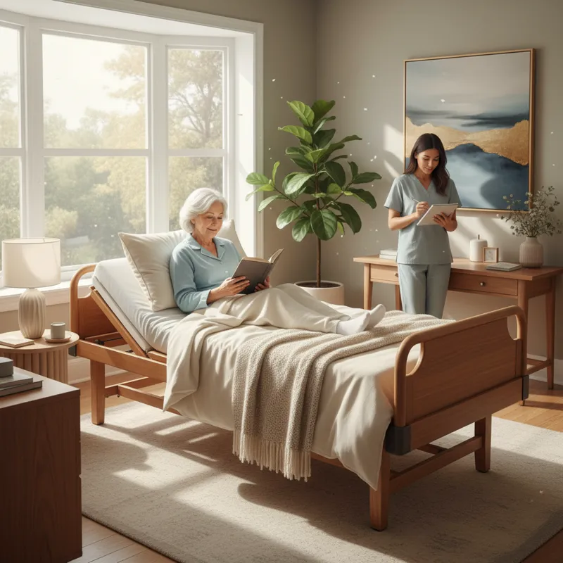 A comfortable, modern home bedroom with a hospital bed seamlessly integrated into the decor. The bed is subtly adjustable, with an elderly person comf
