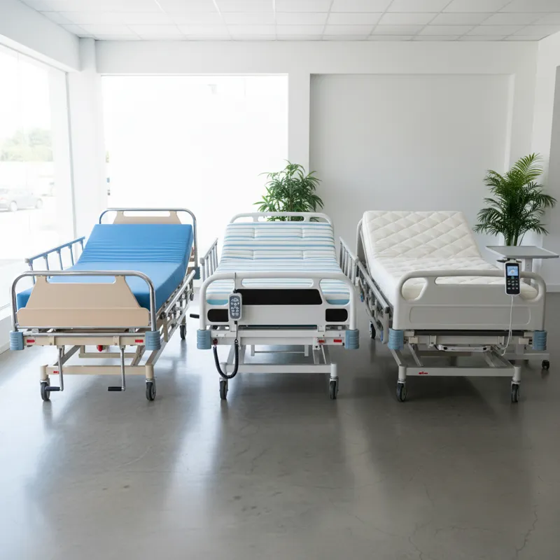 A comparison image showing three different types of hospital beds side-by-side in a well-lit showroom. One is a manual crank bed, another a semi-elect