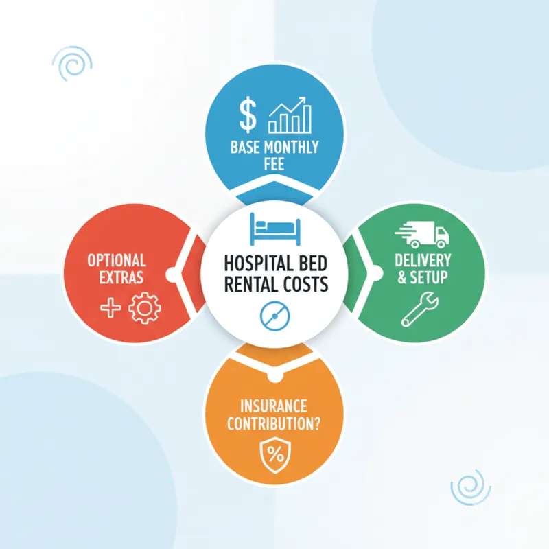 A modern infographic displaying a breakdown of hospital bed rental costs, including base monthly fees, delivery, setup, and potential insurance contri