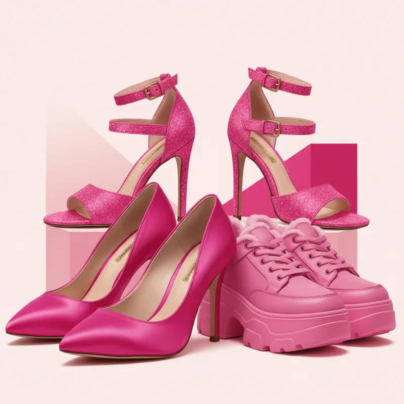 A vibrant, close-up shot of various hot pink shoes (pumps, sandals, sneakers) artfully arranged on a minimalist background, emphasizing their bold col