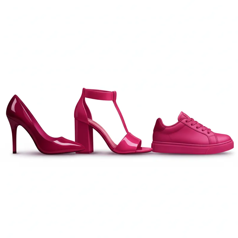 A gradient display of different hot pink shades, from a deep fuchsia to a bright, almost neon magenta, applied to various shoe silhouettes like a poin