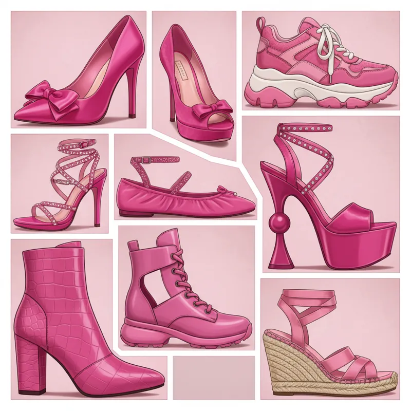 A collage featuring 10 distinct styles of hot pink shoes, each clearly showcasing a different design (e.g., pointed pump, chunky sneaker, delicate str