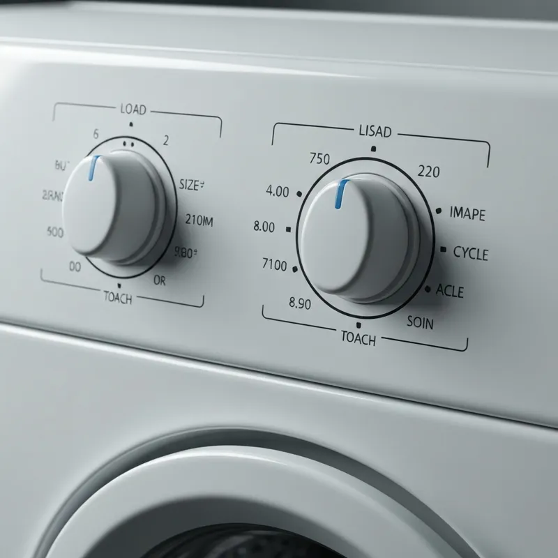 A close-up shot of the control panel of a Hotpoint washer, showing the simple, tactile rotary dials for load size, temperature, and cycle selection. T