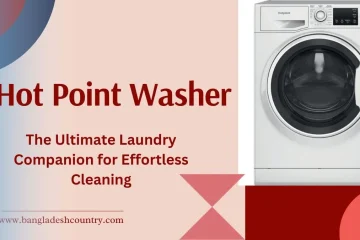 Promotional image of a white Hotpoint front-load washing machine next to text that reads 'Hot Point Washer, The Ultimate Laundry Companion for Effortless Cleaning'.