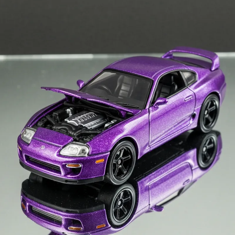 A luxurious, macro shot of the 2020 Hot Wheels RLC sELECTIONs'94 Toyota Supra. The Spectraflame purple paint should shimmer under the light, revealin