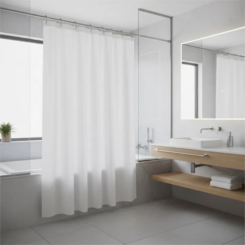 A pristine hotel bathroom with a perfectly hung shower curtain, highlighting its clean lines and functional elegance.