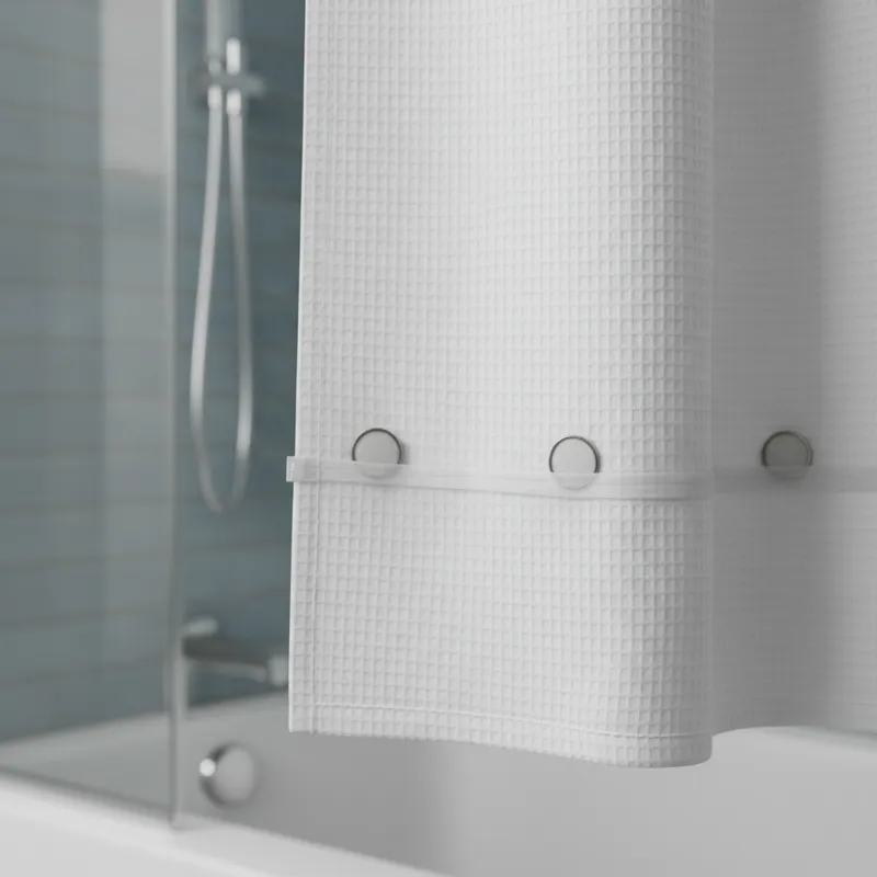 A detailed shot of a shower curtain's weighted hem, showing the discreet weights sewn into the bottom seam.