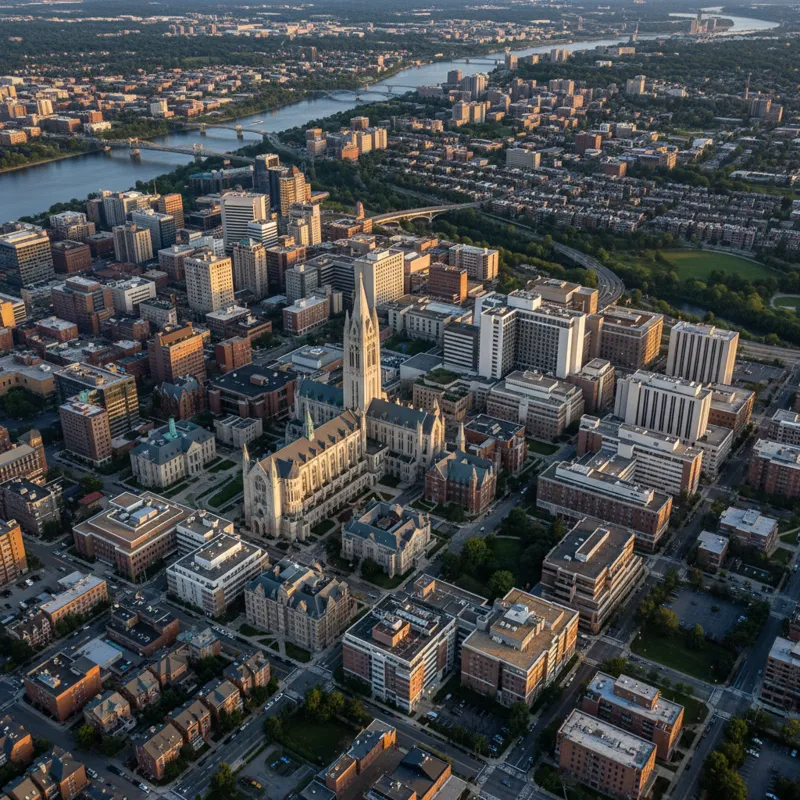 Aerial view of the University of Pittsburgh campus with surrounding urban landscape, highlighting proximity to various buildings and the UPMC medical