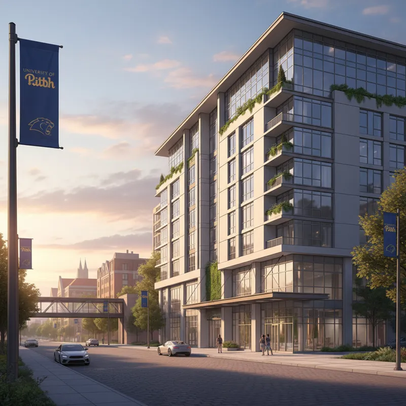 Front exterior shot of a modern, upscale hotel with