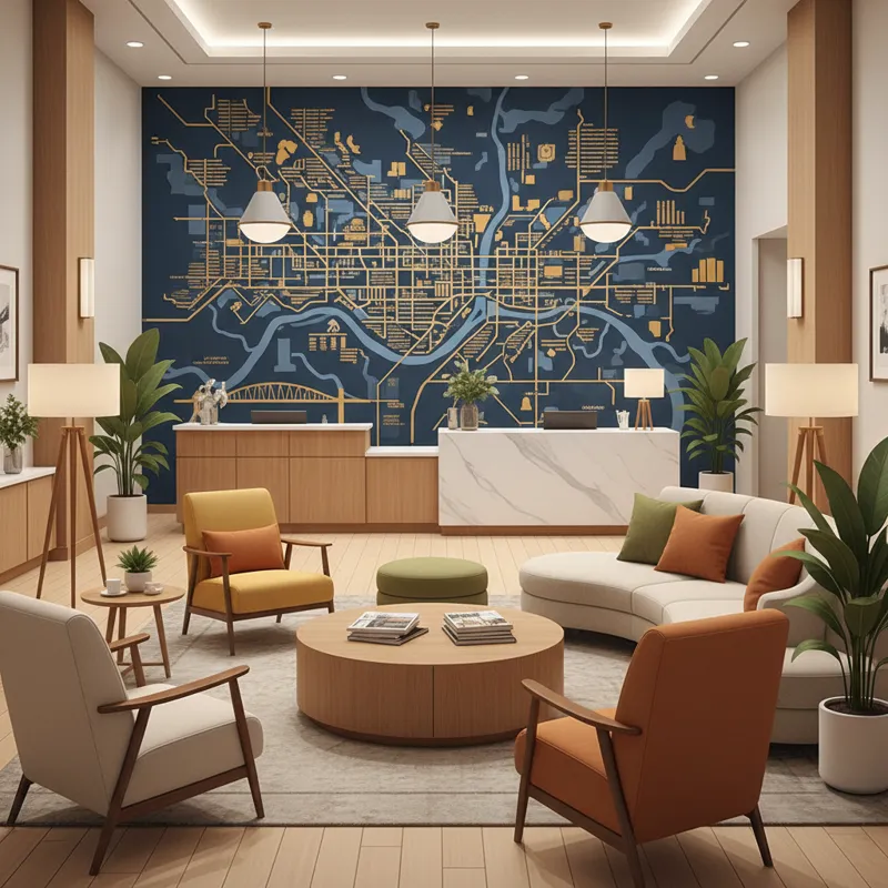 Inviting lobby of a mid-range hotel, featuring comfortable seating and a warm, clean aesthetic, with a Pittsburgh city map in the background.