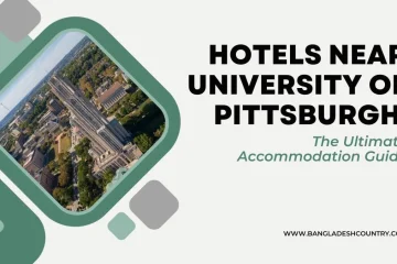 Graphic banner for 'Hotels Near University of Pittsburgh: The Ultimate Accommodation Guide', featuring an aerial photo of the University of Pittsburgh campus with the iconic Cathedral of Learning.