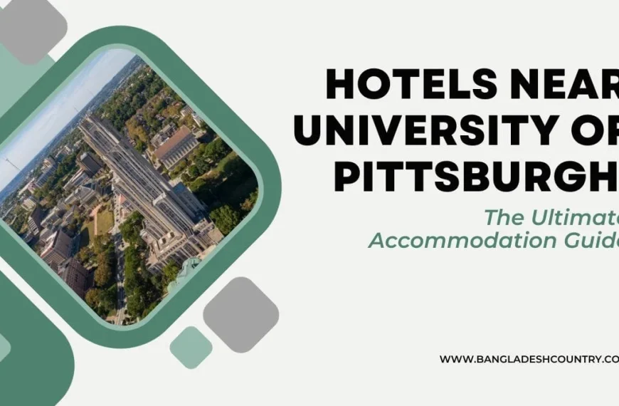 Graphic banner for 'Hotels Near University of Pittsburgh: The Ultimate Accommodation Guide', featuring an aerial photo of the University of Pittsburgh campus with the iconic Cathedral of Learning.