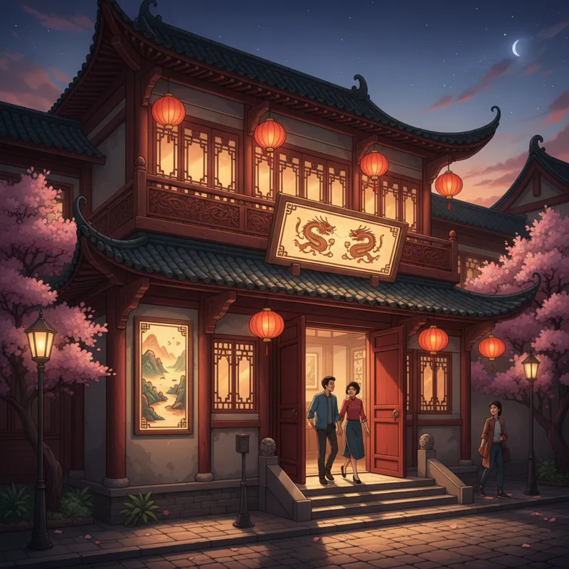 A wide shot of the inviting exterior of House of Wong, perhaps at dusk, with soft lighting illuminating its traditional Chinese architectural elements