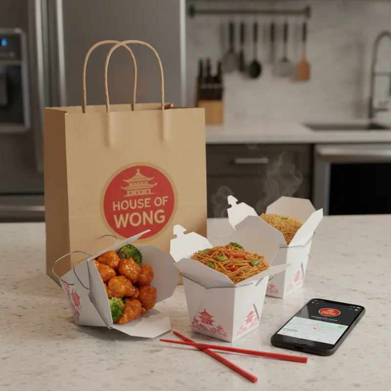 A stylized image showing a takeout bag from House of Wong with delicious-looking Chinese food containers spilling out onto a kitchen counter. A smartp