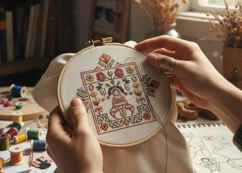 Close-up of hands meticulously working on an embroidery hoop, showcasing a mix of simple running stitches and more complex floral patterns, illustrating the varying difficulty levels of embroidery for beginners and experienced crafters.