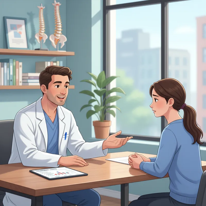 A knowledgeable chiropractor consulting with an uninsured patient, showing empathy and explaining treatment options and costs clearly in a modern clin