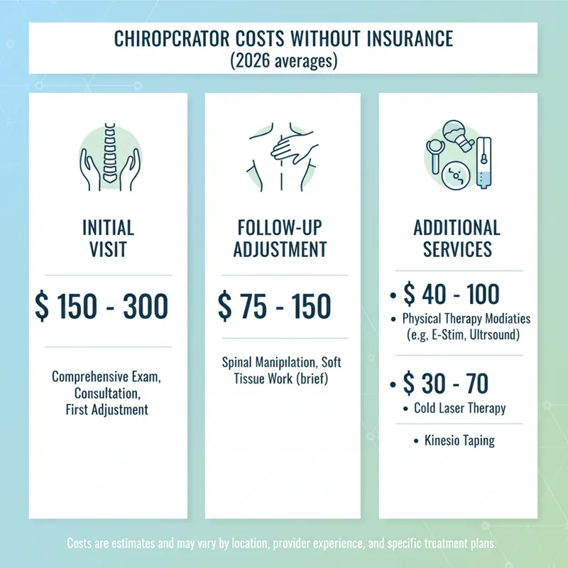 A clear, easy-to-read infographic-style image detailing average costs for initial chiropractor visits, follow-up adjustments, and common additional se