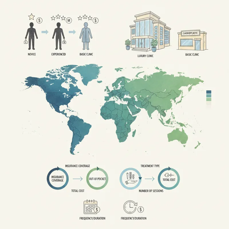 A visual representation of various factors influencing chiropractic costs, such as a map highlighting different regions with price variations, icons f