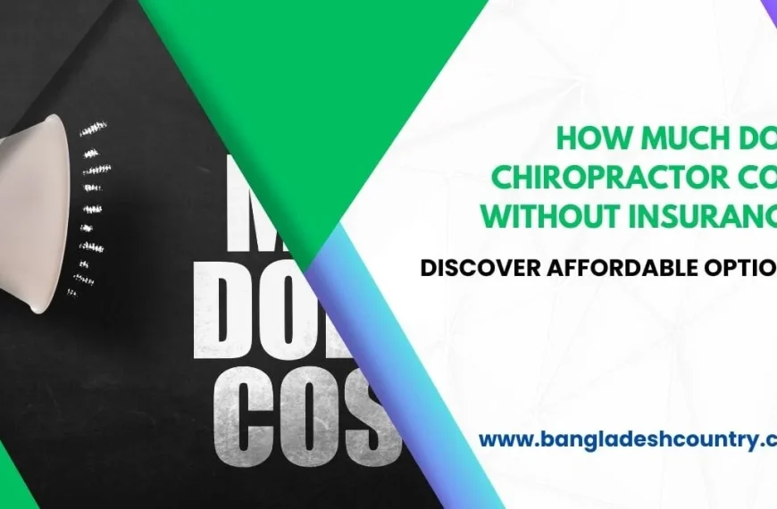 Promotional graphic asking 'HOW MUCH DOES CHIROPRACTOR COST WITHOUT INSURANCE?' and encouraging users to 'DISCOVER AFFORDABLE OPTIONS!'. Features a megaphone on a dark, textured background on the left and a clean white background with subtle geometric patterns on the right, separated by green, blue, and purple diagonal sections. The website 'www.bangladeshcountry.com' is visible at the bottom right.