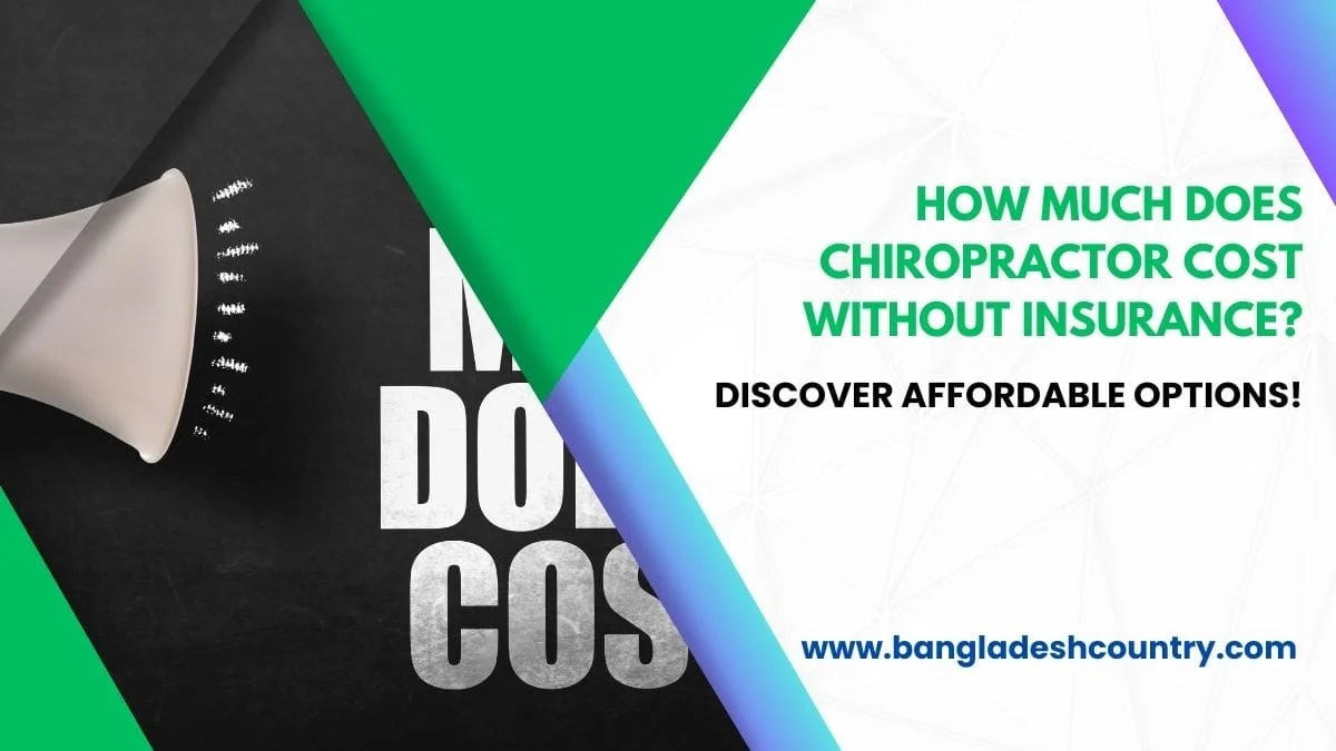 Promotional graphic asking 'HOW MUCH DOES CHIROPRACTOR COST WITHOUT INSURANCE?' and encouraging users to 'DISCOVER AFFORDABLE OPTIONS!'. Features a megaphone on a dark, textured background on the left and a clean white background with subtle geometric patterns on the right, separated by green, blue, and purple diagonal sections. The website 'www.bangladeshcountry.com' is visible at the bottom right.