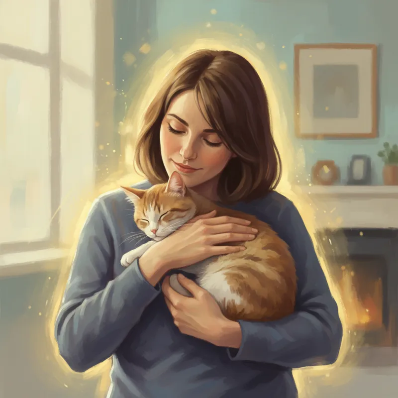 A comforting image of a pet owner gently holding a cat, with a soft, warm light surrounding them, suggesting peace and remembrance.