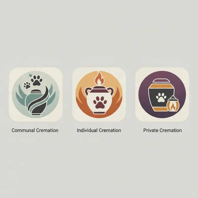 Three distinct graphical icons representing communal, individual, and private cremation, with subtle visual cues to their differences (e.g., multiple