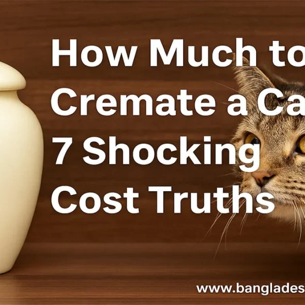 A pet cremation urn with a paw print next to a tabby cat, with text overlay 'How Much to Cremate a Cat? 7 Shocking Cost Truths'.