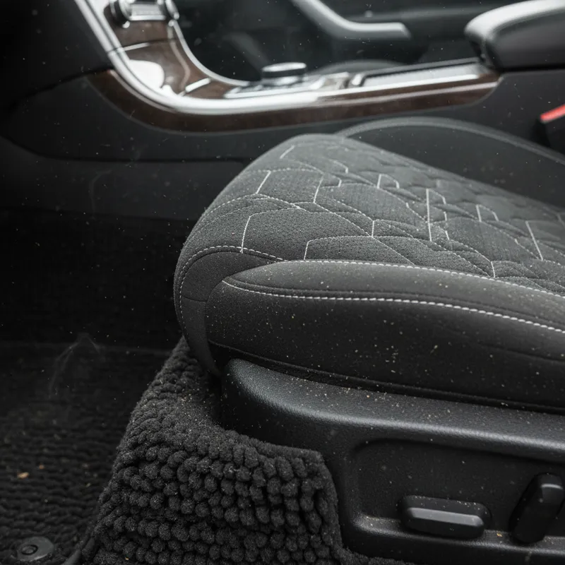 Close-up interior shot of a car, showing intricate stitching on a fabric seat and the texture of a carpet, illustrating how smoke particles embed into