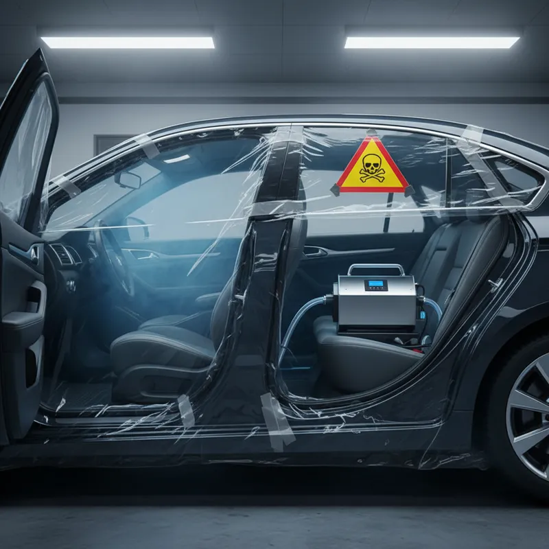 A professional-grade ozone generator operating inside a sealed car interior, with a'Danger: Ozone in Use' sign visible.