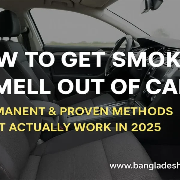 Interior of a modern car with black seats, dashboard, and steering wheel, featuring a white text overlay: 'HOW TO GET SMOKE SMELL OUT OF CAR PERMANENT & PROVEN METHODS THAT ACTUALLY WORK IN 2025'. A website address is visible at the bottom.