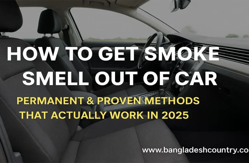 Interior of a modern car with black seats, dashboard, and steering wheel, featuring a white text overlay: 'HOW TO GET SMOKE SMELL OUT OF CAR PERMANENT & PROVEN METHODS THAT ACTUALLY WORK IN 2025'. A website address is visible at the bottom.