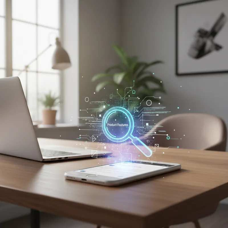 An iPhone screen displaying a web page with a magnifying glass icon hovering over a specific element, surrounded by a subtle aura of code and data poi